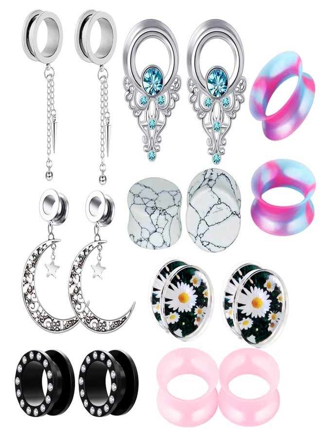 Suotarn 8 Pairs 00 Gauges For Women Dangle Plugs Ear Tunnels Moon Star Silicone Earrings Gauges Stretcher Stone Gauges For Ear 0g 2g -16mm 5/8'' inch - Image 1