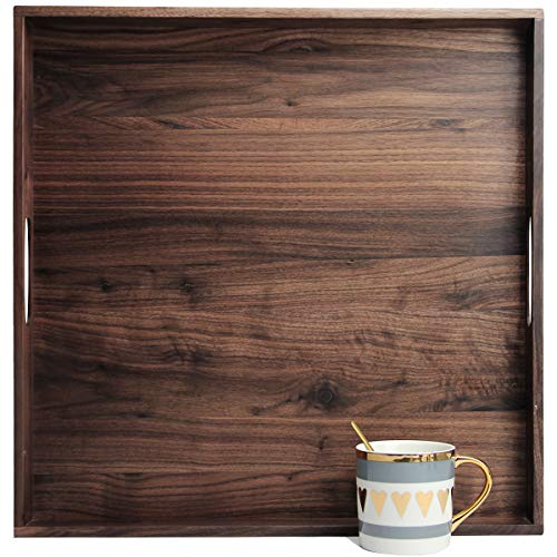 MAGIGO 19 x 19 Inches Large Square Black Walnut Wood Ottoman Tray with Handles, Serve Tea, Coffee Classic Wooden Decorative Serving Tray - Image 1