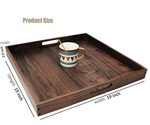 MAGIGO 19 x 19 Inches Large Square Black Walnut Wood Ottoman Tray with Handles, Serve Tea, Coffee Classic Wooden Decorative Serving Tray - Image 2