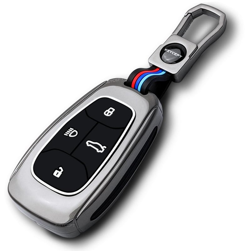 Keycept™ Metal Key Cover for Tata Nexon | Curvv | Altroz | Harrier | Punch | EV | Tigor | Tiago EV Electric | Safari and Facelift 4 Button Smart Key with Keychain (Short Keychain). - Image 1