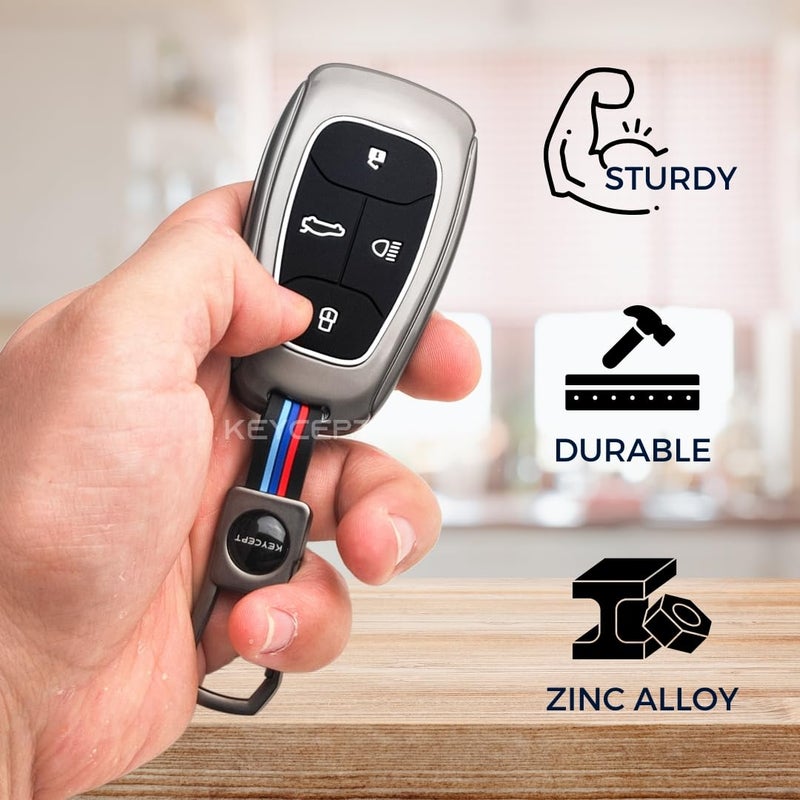 Keycept™ Metal Key Cover for Tata Nexon | Curvv | Altroz | Harrier | Punch | EV | Tigor | Tiago EV Electric | Safari and Facelift 4 Button Smart Key with Keychain (Short Keychain). - Image 4