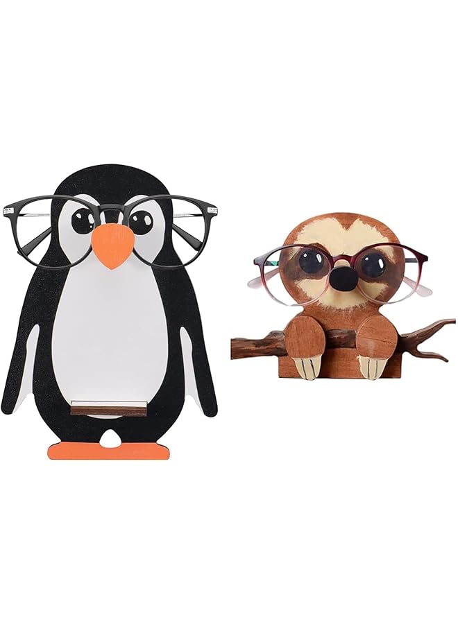 Handmade Animal Glasses Holder Stand Penguin And Sloth Eyeglass Stands Wooden Sunglasses Display Rack Creative Desk Decor Organizer For Home Office Sloth + Penguin