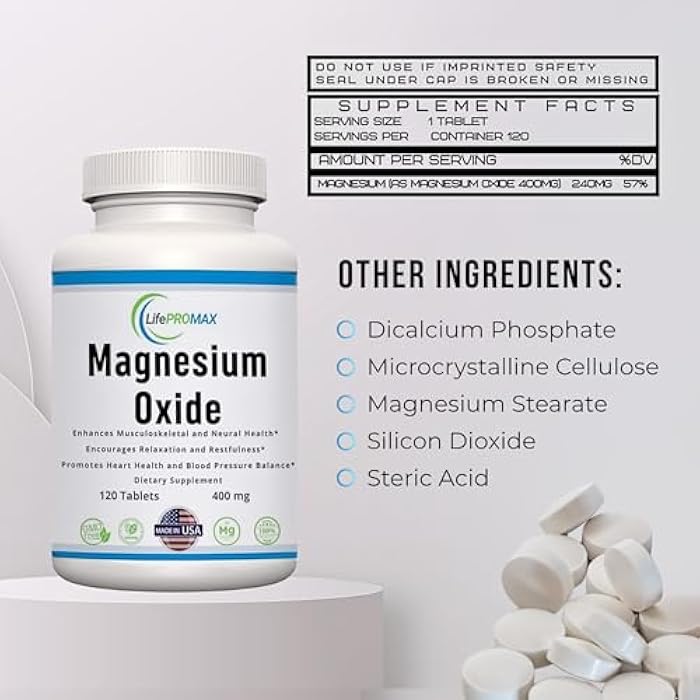 LifePROMAX Magnesium 400mg [High Potency] Supplement – Magnesium Oxide for Immune Support, Muscle Recovery, Leg Cramps and Relaxation 120 Tablets - Image 3