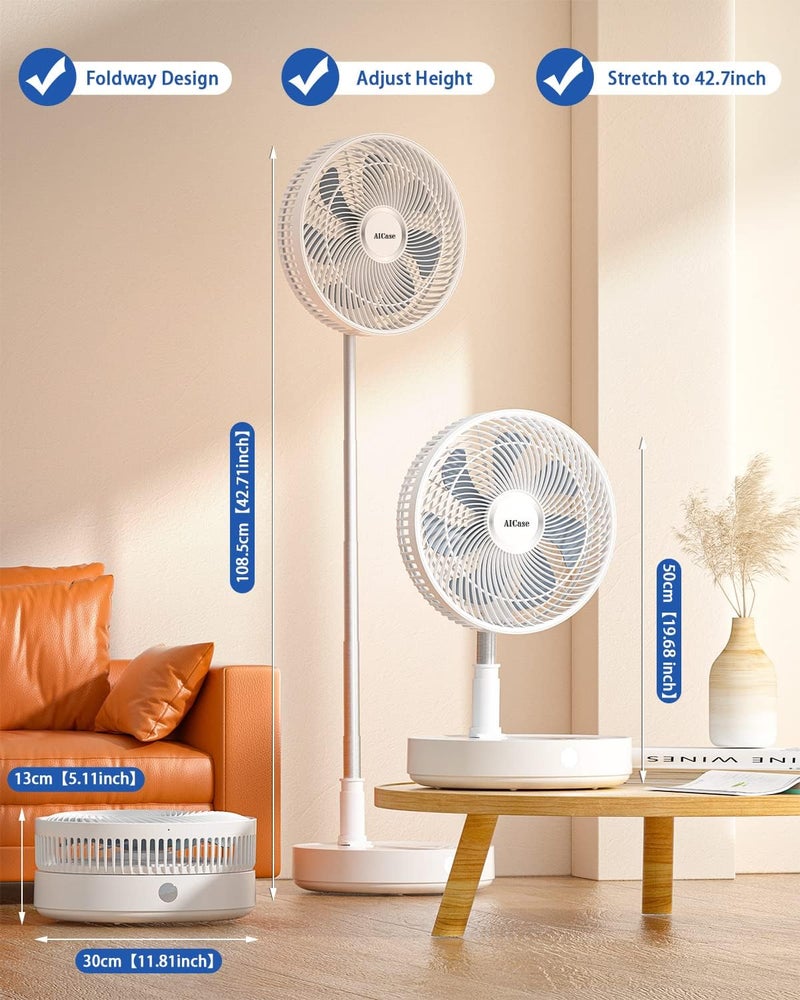 AICase Stand Fan,12 inch Folding Portable Telescopic Floor/Desk Fan with 7200mAh Rechargeable Battery,Remote Timer 8 Speeds Super Quiet Adjustable Height and Head for Office Home Outdoor Camping - Image 2