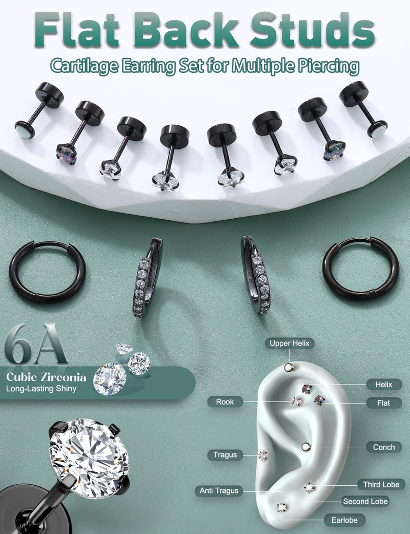 Florideco Black Hypoallergenic Surgical Steel Earrings 20G Flat Back Earrings for Women Trendy Cartilage Earring Stacks Small Stainless Steel Earring Sets for Multiple Piercing - Image 3
