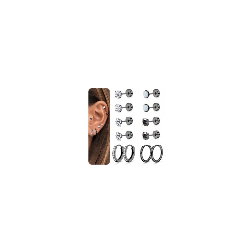 Florideco Black Hypoallergenic Surgical Steel Earrings 20G Flat Back Earrings for Women Trendy Cartilage Earring Stacks Small Stainless Steel Earring Sets for Multiple Piercing - Image 1