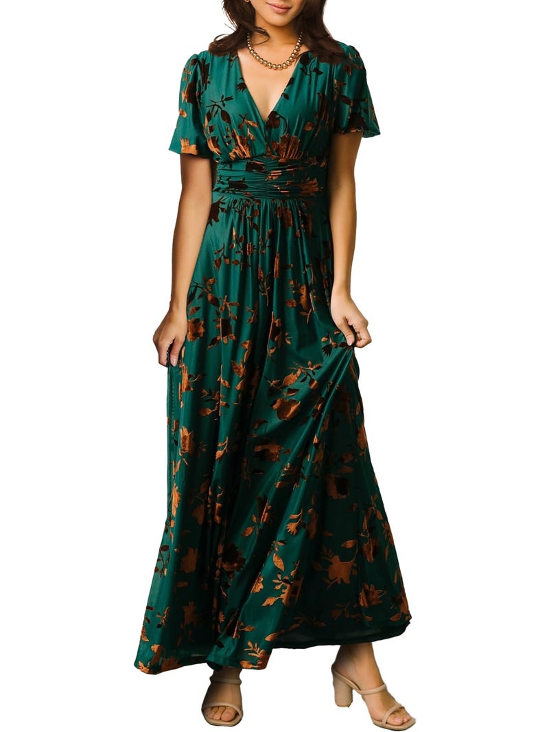 Simplee Apparel Simplee Women's Fall Formal Wedding Guest Velvet Maxi Dress Elegant Floral V Neck Short Sleeve Long Dress (Large Bronze + Jade) - Image 1
