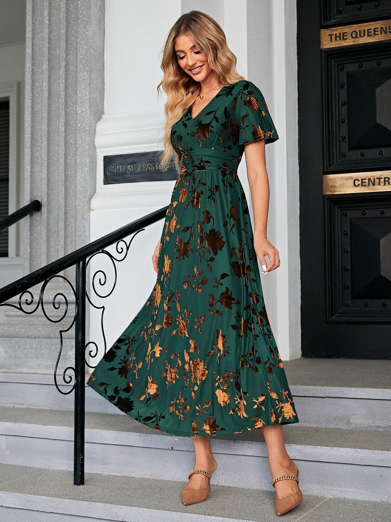 Simplee Apparel Simplee Women's Fall Formal Wedding Guest Velvet Maxi Dress Elegant Floral V Neck Short Sleeve Long Dress (Large Bronze + Jade) - Image 3