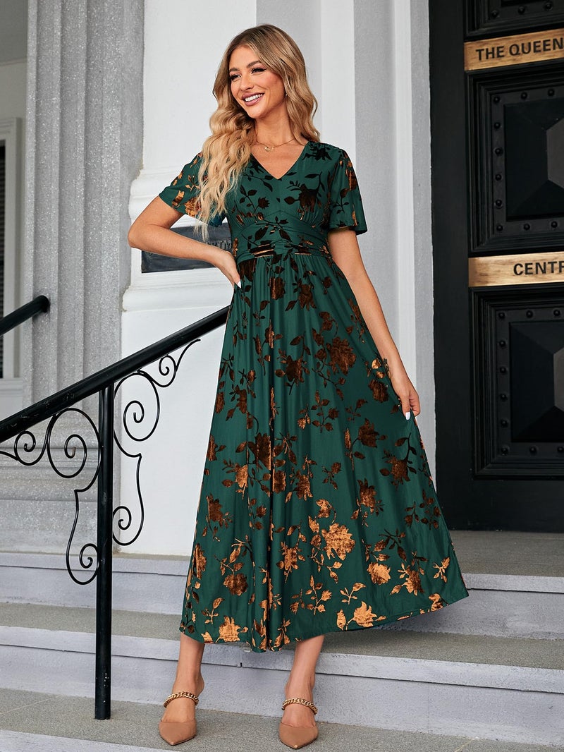 Simplee Apparel Simplee Women's Fall Formal Wedding Guest Velvet Maxi Dress Elegant Floral V Neck Short Sleeve Long Dress (Large Bronze + Jade) - Image 5