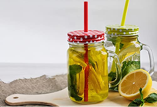 WRINGO 500 ml Glass Mason Jar, Juice Soft Cold Drinks Mason Mug with Handle and Multi Color Lid and Straw, Transparent (Mason Set of 2) - Image 5