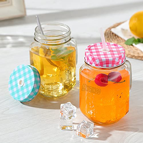 WRINGO 500 ml Glass Mason Jar, Juice Soft Cold Drinks Mason Mug with Handle and Multi Color Lid and Straw, Transparent (Mason Set of 2) - Image 1