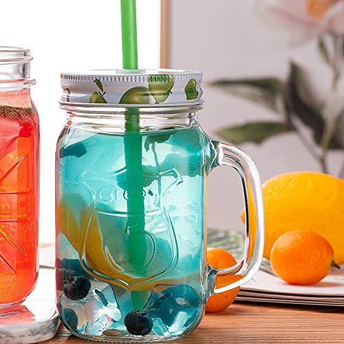 WRINGO 500 ml Glass Mason Jar, Juice Soft Cold Drinks Mason Mug with Handle and Multi Color Lid and Straw, Transparent (Mason Set of 2) - Image 2