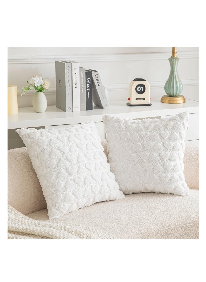 2 Pack  Heart Lovely White Decorative Throw Pillow Covers 18x18, Soft Plush Faux Fur Wool Pillow Covers for Couch Sofa Home