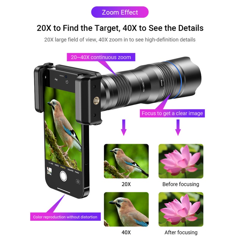 APEXEL APL-20-40XCR50 20-40X Zoom Monocular Telescope 50mm Metal Telephoto Lens 4K HD Multi-layer Coating with Tripod Stand & Phone Clip for Bird Watching/ Stargazing/ Hunting/ Camping/ Hiking/ Travel - Image 2