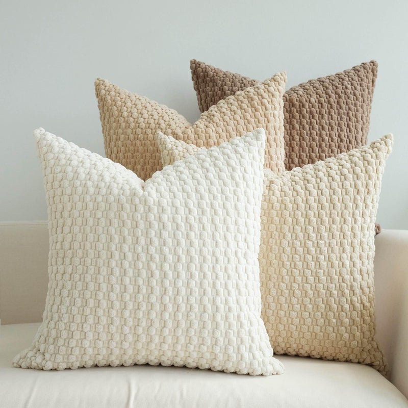 JOJUSIS Pack of 4 Neutral Decorative Throw Pillow Covers Farmhouse Boho Home Decor Striped Corduroy Square Pillowcases 18 x 18 Inch Beige Chocolate - Image 1