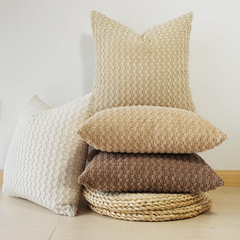 JOJUSIS Pack of 4 Neutral Decorative Throw Pillow Covers Farmhouse Boho Home Decor Striped Corduroy Square Pillowcases 18 x 18 Inch Beige Chocolate - Image 4