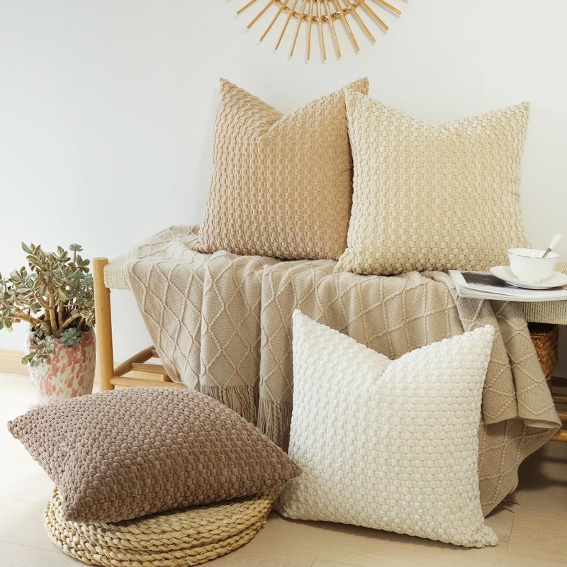 JOJUSIS Pack of 4 Neutral Decorative Throw Pillow Covers Farmhouse Boho Home Decor Striped Corduroy Square Pillowcases 18 x 18 Inch Beige Chocolate - Image 5