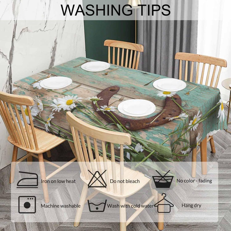 Beabes Daisy Dinner Table Cloths Rustic Wooden Horseshoe Daisy Decorative Tablecloth for Rectangle Tables 52X70 Heavy Duty Table Covers Tablecloths for Kitchen Patio Banquet - Image 5