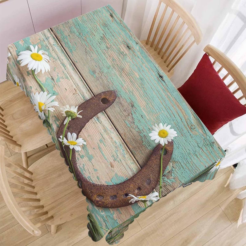 Beabes Daisy Dinner Table Cloths Rustic Wooden Horseshoe Daisy Decorative Tablecloth for Rectangle Tables 52X70 Heavy Duty Table Covers Tablecloths for Kitchen Patio Banquet - Image 2