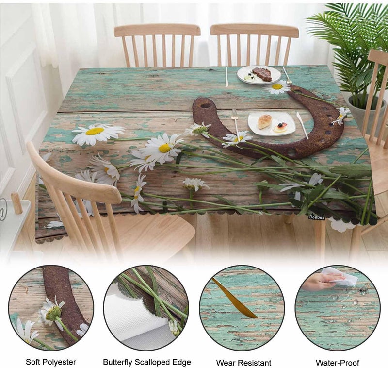 Beabes Daisy Dinner Table Cloths Rustic Wooden Horseshoe Daisy Decorative Tablecloth for Rectangle Tables 52X70 Heavy Duty Table Covers Tablecloths for Kitchen Patio Banquet - Image 4