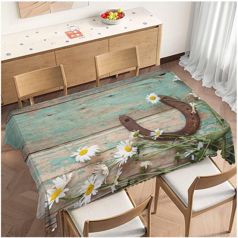 Beabes Daisy Dinner Table Cloths Rustic Wooden Horseshoe Daisy Decorative Tablecloth for Rectangle Tables 52X70 Heavy Duty Table Covers Tablecloths for Kitchen Patio Banquet - Image 1