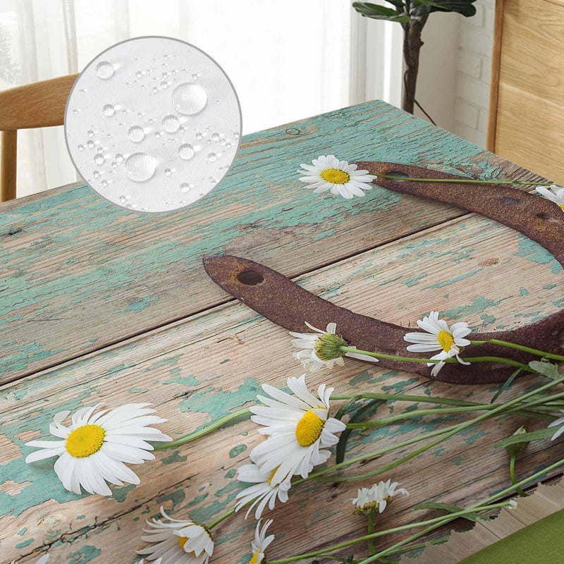 Beabes Daisy Dinner Table Cloths Rustic Wooden Horseshoe Daisy Decorative Tablecloth for Rectangle Tables 52X70 Heavy Duty Table Covers Tablecloths for Kitchen Patio Banquet - Image 3