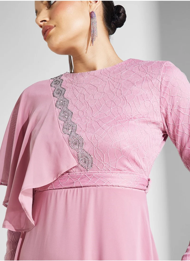 Khizana Ruffle Shoulder Chiffon Dress