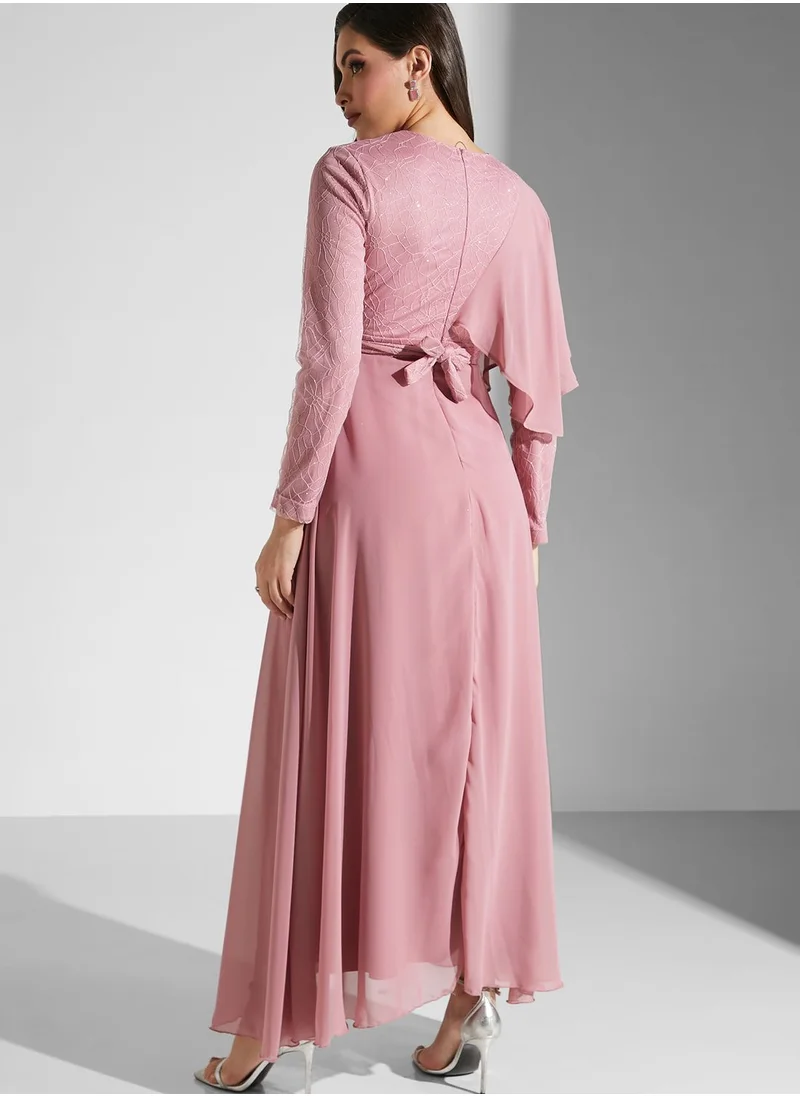 Khizana Ruffle Shoulder Chiffon Dress