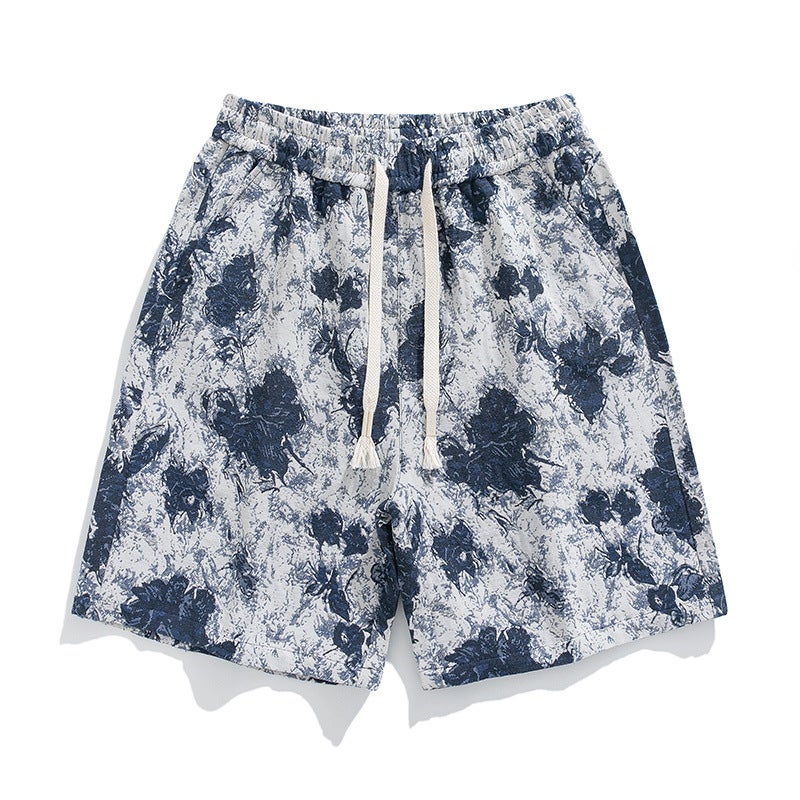 Cross-border fashion printed mens and womens shorts summer thin beach pants loose fashion sports fitness pants factory Blue snow lotus 