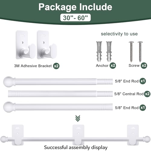 ZNONOX Curtain Rods No Drilling for Windows 30 to 60 Inches,5/8 Inch Diameter No Drill Curtain Rod Set with 3M Adhesive Brackets, White - Image 5