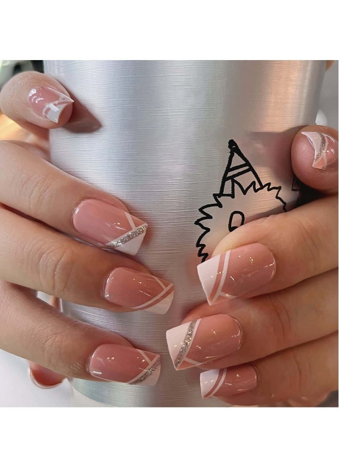 Generic Press on Nails, 24 Pcs Short French Pink Square Glossy False Nails Full Cover Sticks on Nails Medium Acrylic Nails Art Tips Salon Nude Manicure for Women - Image 1