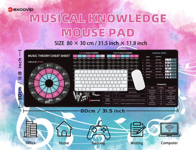 excovip Music Theory Mouse Pad,Extended Mousepad Gaming Large,Mouse Mat with Non-Slip Base and Stitched Edge for Office Work 31.5"x11.8" 0425 - Image 3