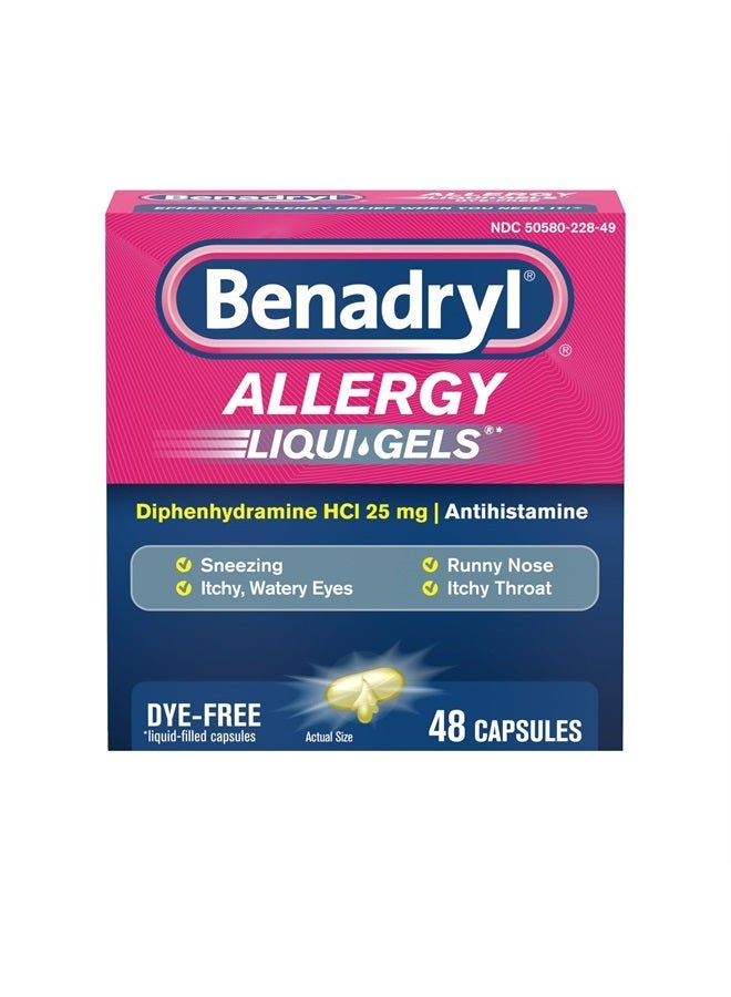 Benadryl دواء مضاد الهيستامين لعلاج الحساسية وأعراض البرد، جيل سائل خالي من الأصباغ مع 25 ملغ من ديفينهيدرامين HCl لأعراض مثل، سيلان الأنف، العطس والمزيد، 48 حبة - Image 1
