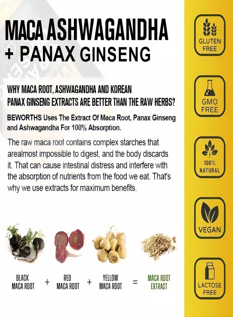MACA Organic Maca Root Black and Red and Yellow Extract Plus Ginseng 120 Vegan Capsules Maca Root Gelized 100% Pure Non-GMO Supports Men's Healthy  - Image 2