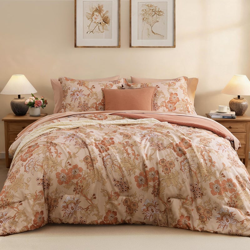 BLOOMHAVEN King Comforter Set -7 Pieces Terrecotta Floral Comforter Set for All Seasons, Bed in a Bag King with Botanical Flowers Comforter, Sheets, Pillowcases & Shams - Image 1