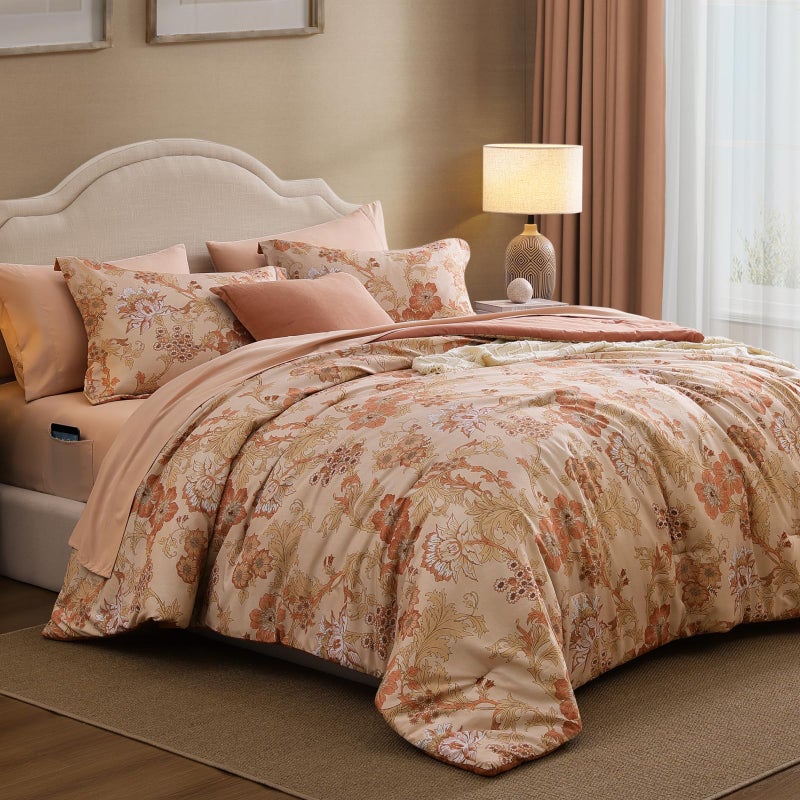 BLOOMHAVEN King Comforter Set -7 Pieces Terrecotta Floral Comforter Set for All Seasons, Bed in a Bag King with Botanical Flowers Comforter, Sheets, Pillowcases & Shams - Image 3