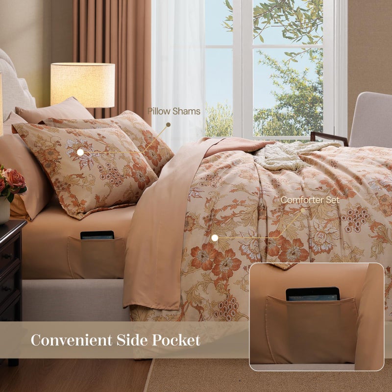 BLOOMHAVEN King Comforter Set -7 Pieces Terrecotta Floral Comforter Set for All Seasons, Bed in a Bag King with Botanical Flowers Comforter, Sheets, Pillowcases & Shams - Image 5