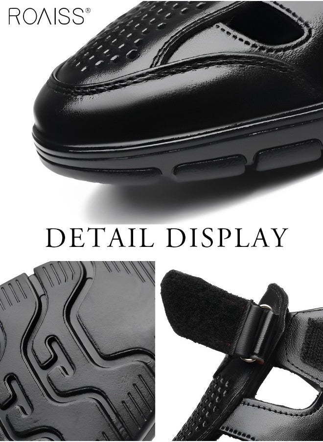 Men's Summer Breathable Mesh Leather Shoes Side Hollowed Out Velcro Business Pu Leather Sandals Casual Fashion Anti-Skid Sandals Colorblock Sneakers