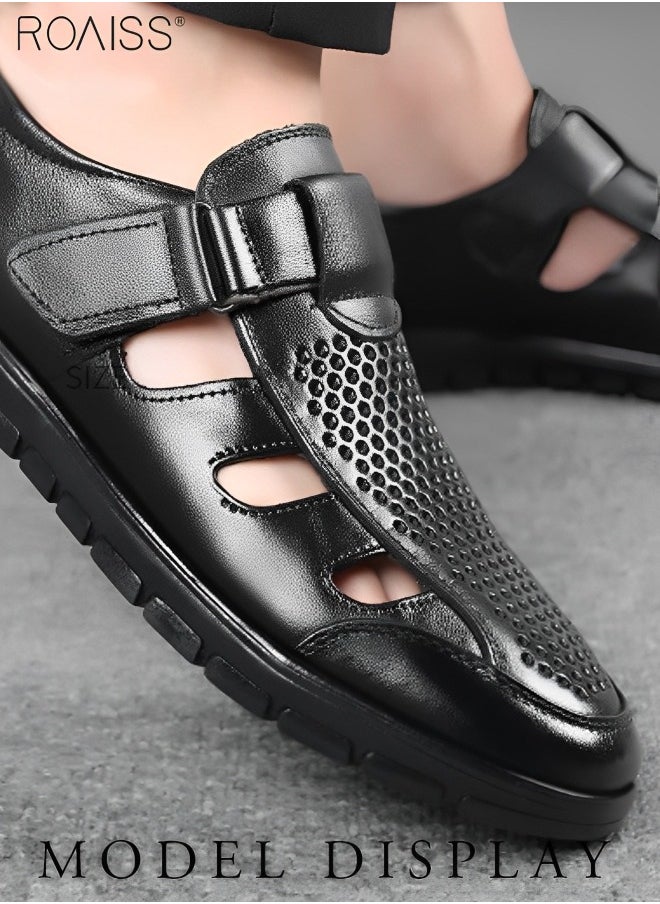 Men's Summer Breathable Mesh Leather Shoes Side Hollowed Out Velcro Business Pu Leather Sandals Casual Fashion Anti-Skid Sandals Colorblock Sneakers