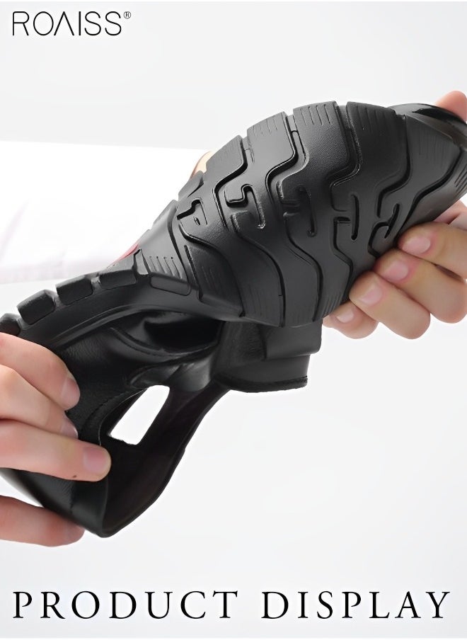 Men's Summer Breathable Mesh Leather Shoes Side Hollowed Out Velcro Business Pu Leather Sandals Casual Fashion Anti-Skid Sandals Colorblock Sneakers
