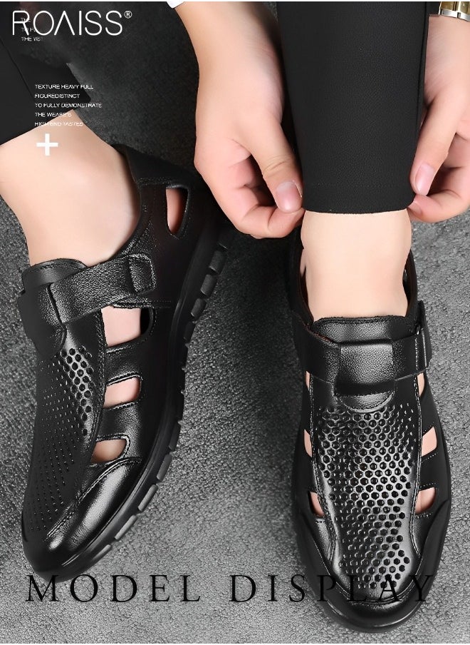Men's Summer Breathable Mesh Leather Shoes Side Hollowed Out Velcro Business Pu Leather Sandals Casual Fashion Anti-Skid Sandals Colorblock Sneakers