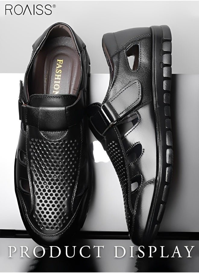 Men's Summer Breathable Mesh Leather Shoes Side Hollowed Out Velcro Business Pu Leather Sandals Casual Fashion Anti-Skid Sandals Colorblock Sneakers