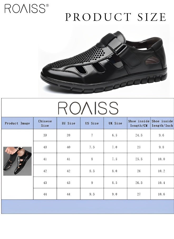 Men's Summer Breathable Mesh Leather Shoes Side Hollowed Out Velcro Business Pu Leather Sandals Casual Fashion Anti-Skid Sandals Colorblock Sneakers