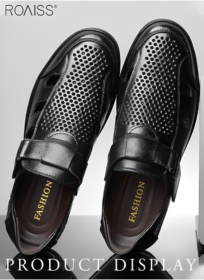 Men's Summer Breathable Mesh Leather Shoes Side Hollowed Out Velcro Business Pu Leather Sandals Casual Fashion Anti-Skid Sandals Colorblock Sneakers