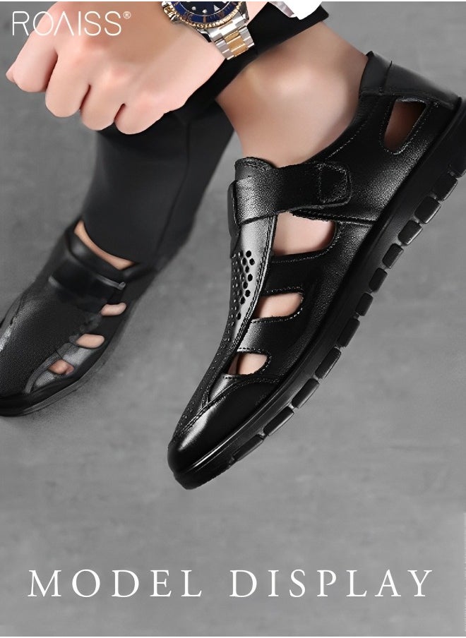 Men's Summer Breathable Mesh Leather Shoes Side Hollowed Out Velcro Business Pu Leather Sandals Casual Fashion Anti-Skid Sandals Colorblock Sneakers