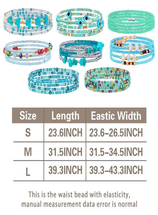 ELABEST African Adjustable Handmade Waist Beads Stretchy 23-52 inch 8Pcs 7 Chakra Body Belly Beaded Women Waist, Anklet, Bracelet, Necklace Jewelry with Screw clasp (Cyan, 23.6inch/60cm) - Image 5