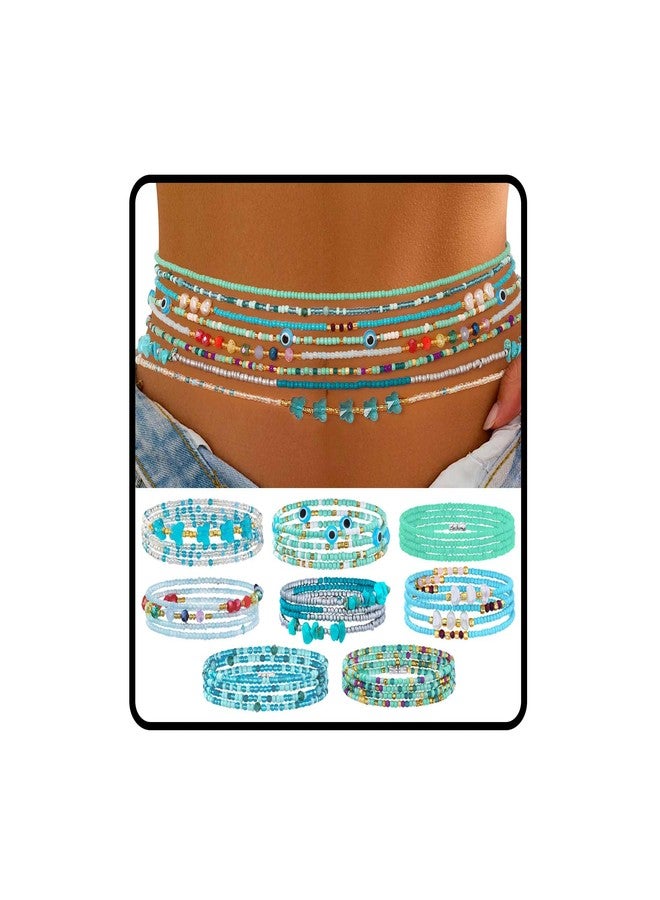 ELABEST African Adjustable Handmade Waist Beads Stretchy 23-52 inch 8Pcs 7 Chakra Body Belly Beaded Women Waist, Anklet, Bracelet, Necklace Jewelry with Screw clasp (Cyan, 23.6inch/60cm) - Image 1