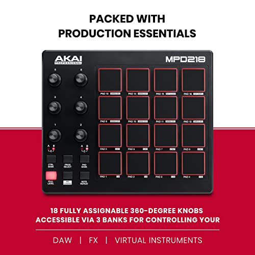 Akai Professional أكاي بروفيشينال MPD218 - وحدة تحكم MIDI USB مع 16 وسادة درام MPC، 6 مقبض قابل للتخصيص، زر تكرار النوتة وأزرار المستوى الكامل وبرنامج إنتاج - Image 3