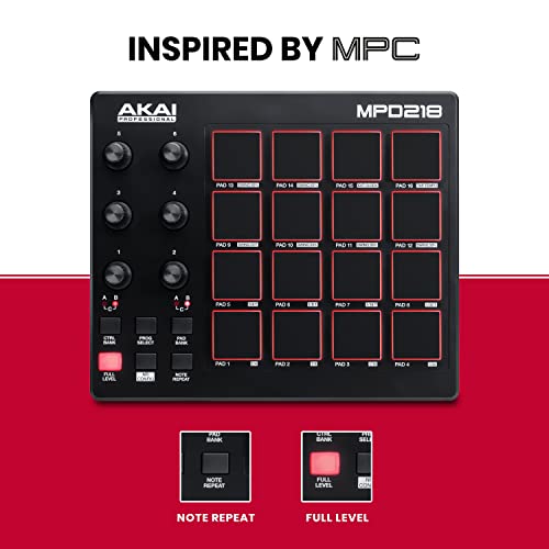 Akai Professional أكاي بروفيشينال MPD218 - وحدة تحكم MIDI USB مع 16 وسادة درام MPC، 6 مقبض قابل للتخصيص، زر تكرار النوتة وأزرار المستوى الكامل وبرنامج إنتاج - Image 4