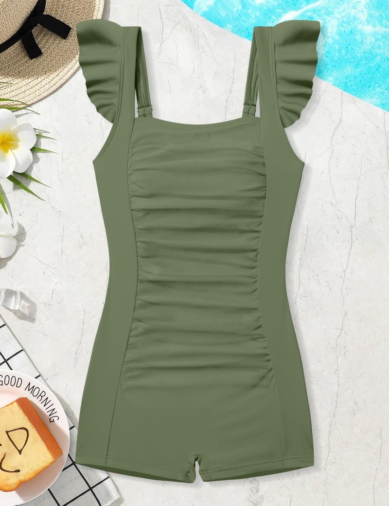 Aulyffo Teen Bathing Suits for Girls 12-14 Teen Swimsuits for Girl 12-14 One Piece Swimsuit Solid Bathing Suit Sleeveless Girls' Swimwear Green 13-14 Years - Image 4